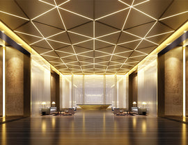 A hotel lobby is decorated with LED strip lights that are powered by a dimmable low voltage transformer.