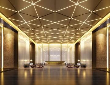 A hotel lobby is decorated with LED strip lights that are powered by a dimmable low voltage transformer.