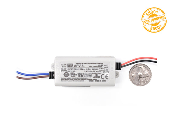 Top view of LED Driver APV-8W-24V; a label of free shipping for orders over $500 is shown as well.