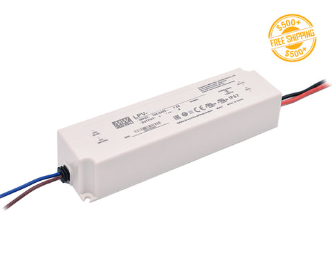 Top view of LED Driver LPV-60W-24V; a label of free shipping for orders over $500 is shown as well.