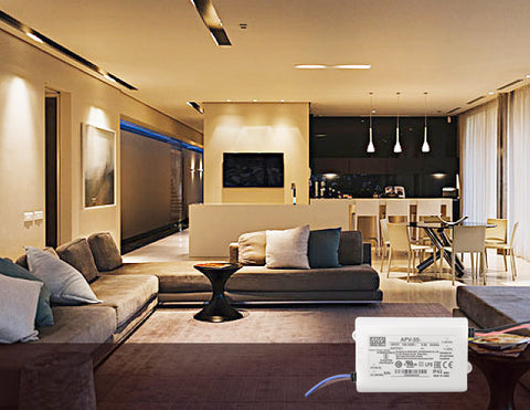 LED strip lights powered by LED Driver APV-35W-12V are used to illuminate a living room.