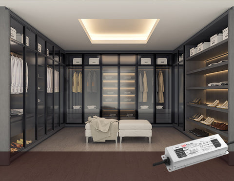 LED strip lights powered by LED Driver XLG-200W-24V are used to illuminate a closet area.