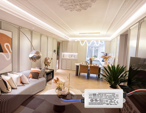 LED strip lights powered by LED Driver APV-8W-12V are used to illuminate a living room.
