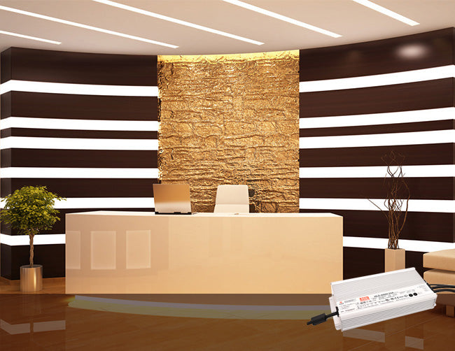 LED strip lights powered by LED Driver HLG-600W-24V are used to illuminate a reception desk area.