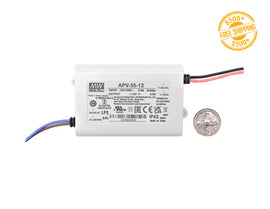 Top view of LED Driver APV-35W-12V; a label of free shipping for orders over $500 is shown as well.