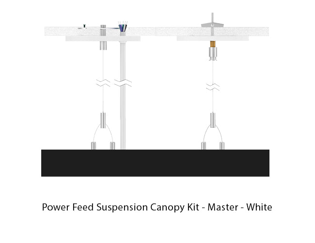 Black color LED linear light suspended with suspension cables and power cable going through a white canopy at both sides