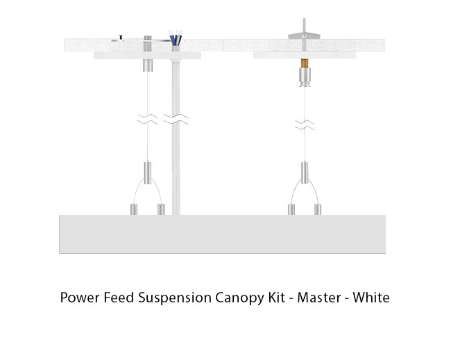 White color LED linear light suspended with suspension cables and power cable going through a canopy in white at both sides.