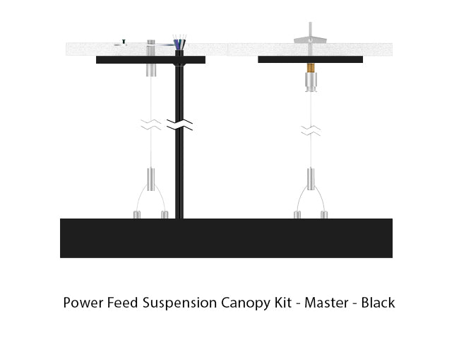 Black color LED linear light suspended with suspension cables and power cable going through a canopy at both sides