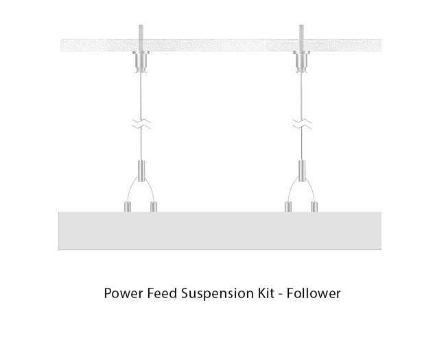 White color LED linear light suspended with two suspension cables screwed to the ceiling without a canopy.