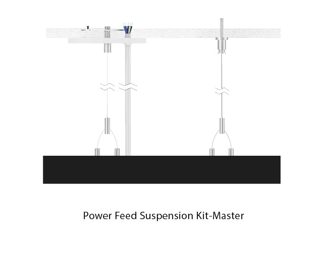 Black color LED linear light suspended with a suspension cable and a power cable going through a white canopy at one side