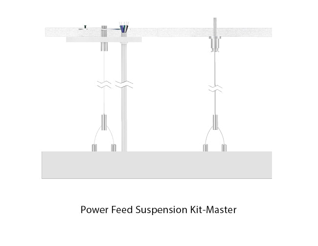 White color LED linear light suspended with a suspension cable and a power cable going through a canopy at one side.