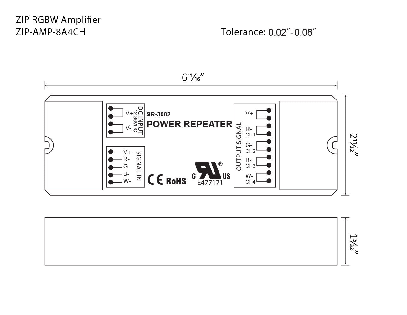 Dimensions of ZIP RGBW Amplifier.