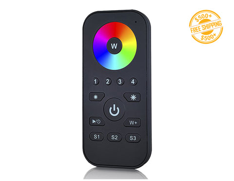 Front view of a black color ZIP RGBW Remote Controller 4 Zones; a label of free shipping for orders over $500 is shown as well.