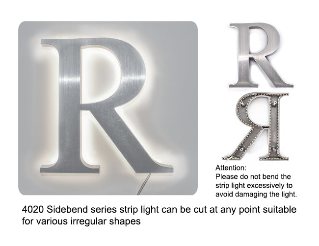 GL LED strip light single color white SIDE BEND model is used to backlit letter R sign.