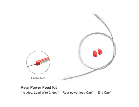 Rear power feed kit includes a 2ft long lead wire, a rear power feed cap in red color, and an end cap in red color.