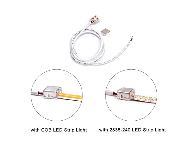 LED strip to power connector is used for both COB LED strip lights and GL LED 2835-240 LEGEND model strip lights.