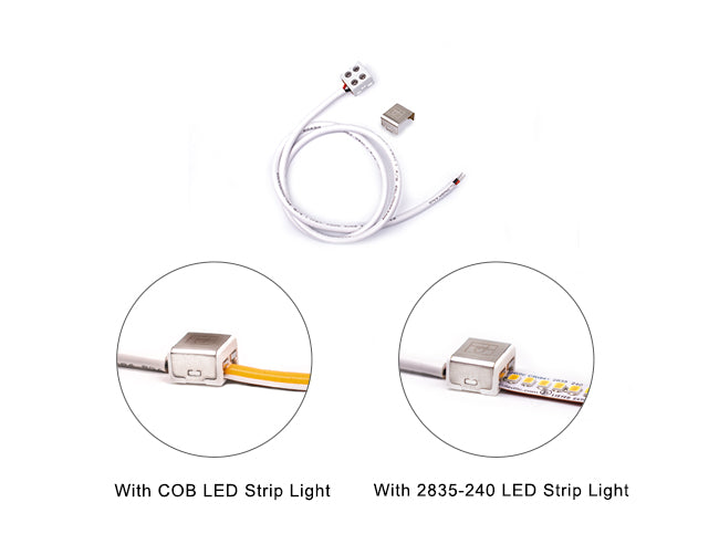 Strip to Power Connector for Single Color LED Strip Light 8/10mm STA1-S2P connects to a COB LED strip light and a 2835-240 LED strip light, respectively.