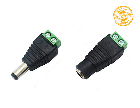Top view of a pair of Screw Male/Female DC Barrel Power Connectors; a label of free shipping for orders over $500 is shown as well.