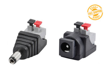 Top view of a pair of Screwless Male/Female DC Barrel Power Connectors; a label of free shipping for orders over $500 is shown as well.