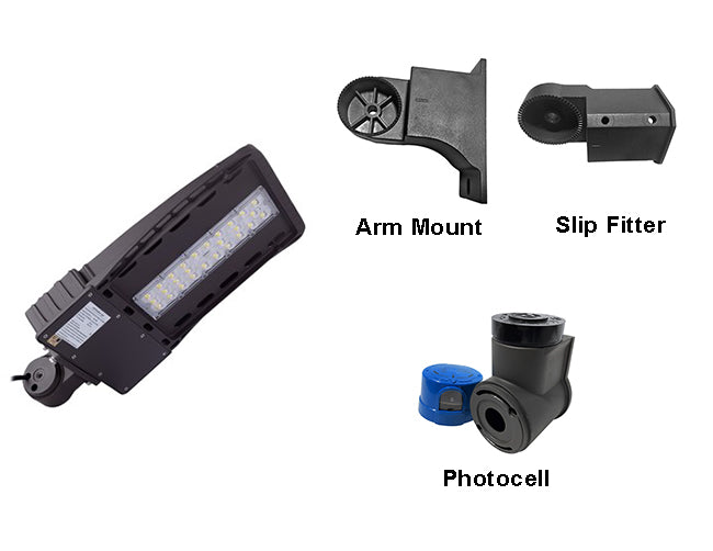 LED Shoebox Light 100W with compatible accessories, including an arm mount, a slip fitter, and a photocell.