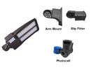 LED Shoebox Light 150W with compatible accessories, including an arm mount, a slip fitter, and a photocell.