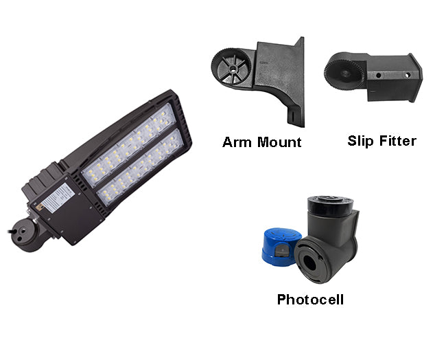 LED Shoebox Light 200W with compatible accessories, including an arm mount, a slip fitter, and a photocell.