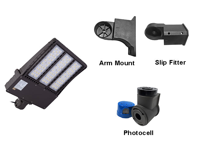 LED Shoebox Light 300W with compatible accessories, including an arm mount, a slip fitter, and a photocell.