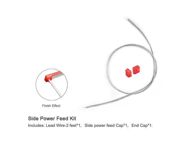 LED Side Bend Neon Light WINT - single color for Wet Location red jacket 24V side power feed kit includes a 2ft lead wire, a side power feed cap in red color, and an end cap in red color.