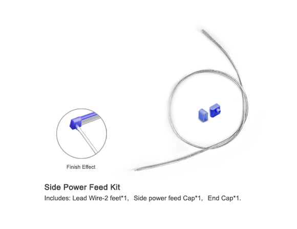 Side power feed kit includes a 2ft long lead wire, a side power feed cap in blue color, and an end cap in blue color.