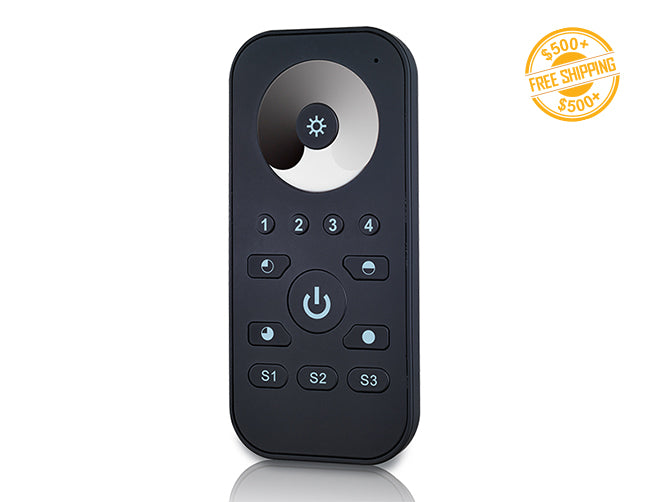 Front view of a black color ZIP remote single color dimmer 4 zones; a label of free shipping for orders over $500 is shown as well.