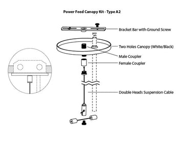 GL LED L8070/L11070 linear light fixture suspension canopy kit Type A2, with both a suspension cable and a power cable going through a canopy attached to a ceiling.