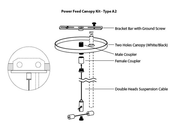 GL LED L8070/L11070 linear light fixture suspension canopy kit Type A2, with both a suspension cable and a power cable going through a canopy attached to a ceiling.
