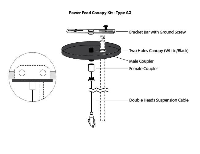 GL LED L8070 linear light fixture suspension canopy kit Type A3, with both a suspension cable and a power cable going through a black canopy attached to a ceiling.