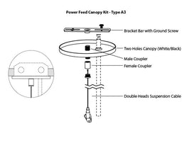 GL LED L8070 linear light fixture suspension canopy kit Type A3, with both a suspension cable and a power cable going through a white canopy attached to a ceiling.