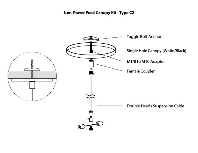 GL LED L8456 linear light fixture suspension canopy kit Type C2, with a suspension cable attached to a ceiling using a toggle bolt anchor.