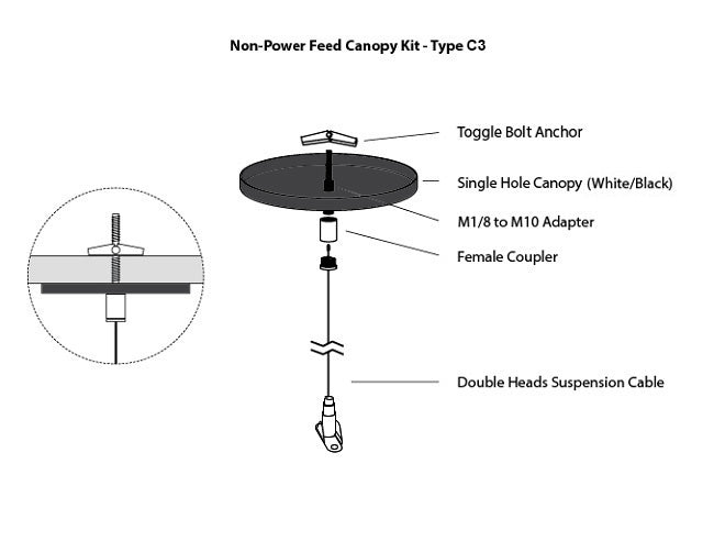 GL LED L8070 linear light fixture suspension canopy kit Type C3, with a suspension cable attached to a ceiling using a toggle bolt anchor through a black canopy.