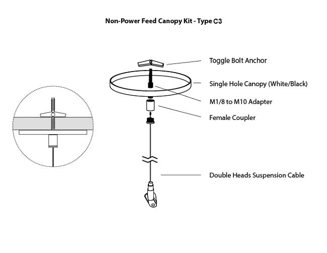 GL LED L8070 linear light fixture suspension canopy kit Type C3, with a suspension cable attached to a ceiling using a toggle bolt anchor through a white canopy.