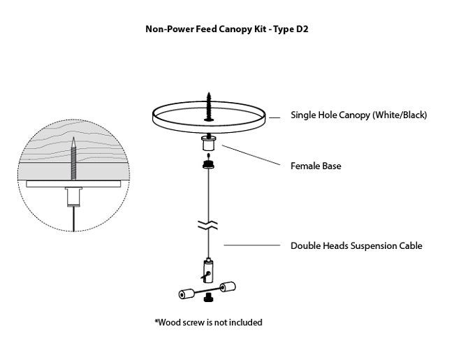 GL LED L8456 linear light fixture suspension canopy kit Type D2, with a suspension cable attached to a drywall ceiling using a screw..