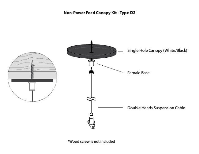 GL LED L8070 linear light fixture suspension canopy kit Type D3, with a suspension cable attached to a ceiling using a ceiling screw through a black canopy.