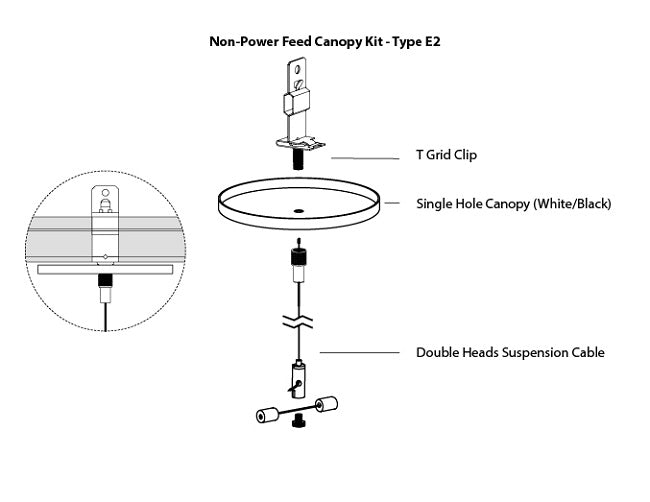 GL LED L8456 linear light fixture suspension canopy kit Type E2, with a suspension cable attached to a ceiling using a T-grid clip.