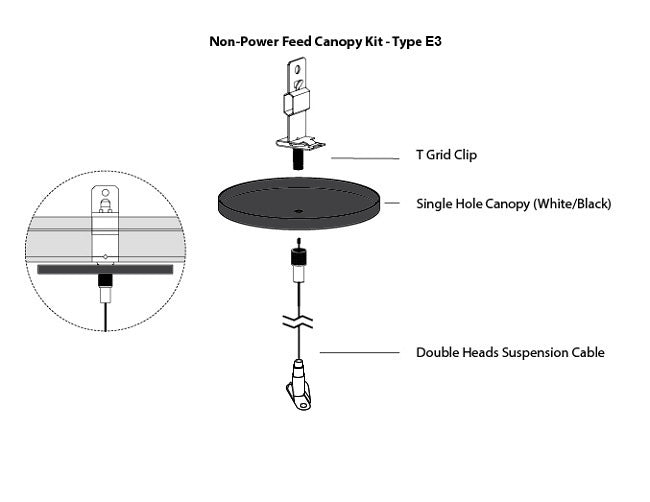 GL LED L8070 linear light fixture suspension canopy kit Type E3, with a suspension cable attached to a ceiling using a T-grid clip with a black canopy.