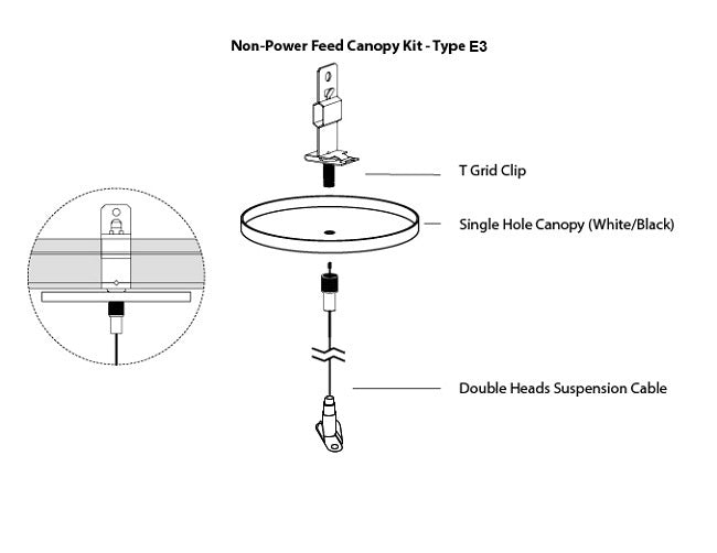 GL LED L8070 linear light fixture suspension canopy kit Type E3, with a suspension cable attached to a ceiling using a T-grid clip with a white canopy.