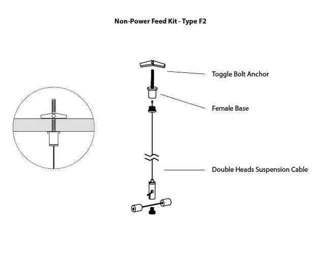 GL LED L8456 linear light fixture suspension canopy kit Type F2, with a suspension cable attached to a ceiling using a toggle bolt anchor without a canopy.