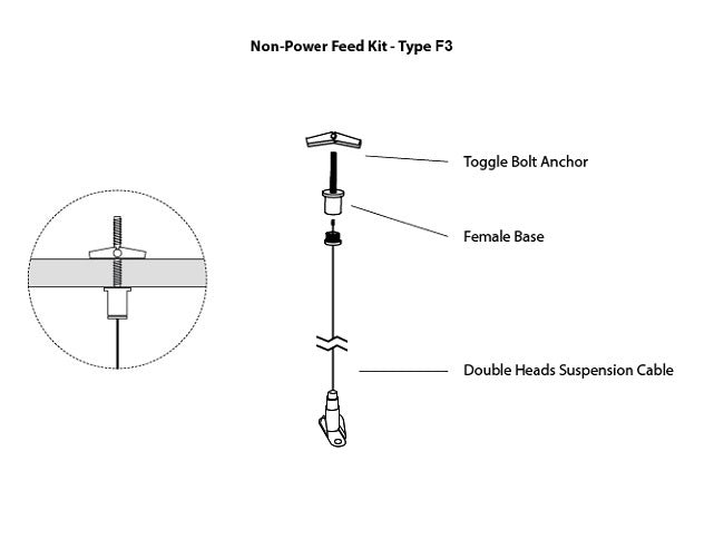 GL LED L8070 linear light fixture suspension canopy kit Type F3, with a suspension cable attached to a ceiling using a toggle bolt anchor without a canopy.