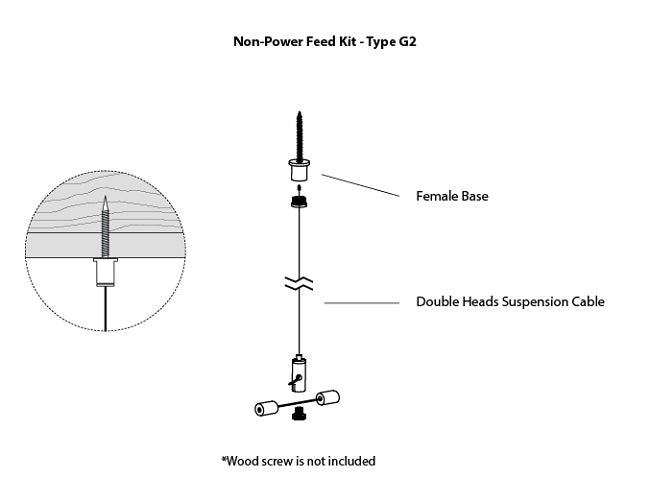 GL LED L8456 linear light fixture suspension canopy kit Type D2, with a suspension cable attached to a drywall ceiling using a screw without a canopy.