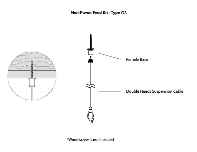 GL LED L8070 linear light fixture suspension canopy kit Type G3, with a suspension cable attached to a drywall ceiling using a screw without a canopy.