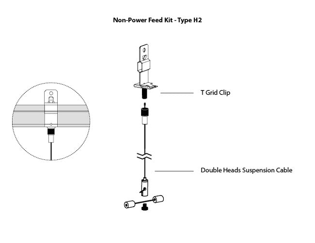 GL LED L8456 linear light fixture suspension canopy kit Type E2, with a suspension cable attached to a ceiling using a T-grid clip without a canopy.