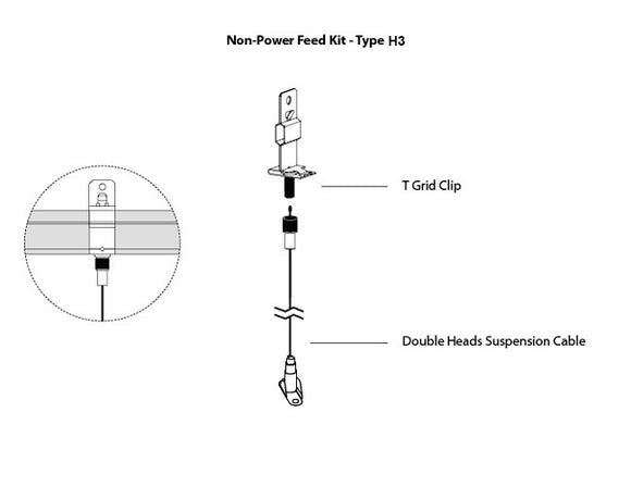 GL LED L8070 linear light fixture suspension canopy kit Type E3, with a suspension cable attached to a ceiling using a T-grid clip without a canopy.