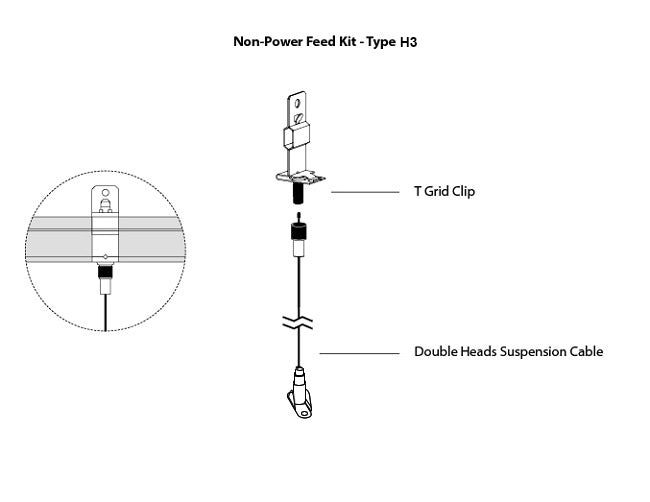 GL LED L8070 linear light fixture suspension canopy kit Type E3, with a suspension cable attached to a ceiling using a T-grid clip without a canopy.