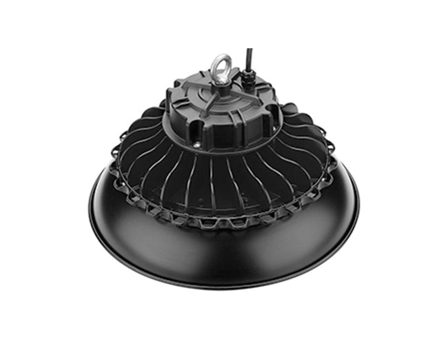Top view of LED UFO High Bay Light 150W with a black polycarbonate cover.
